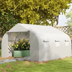 Drivhus^Outsunny Plastdrivhus 3,5x3x3m UV-beskyttelse Tomathus, Mesh-vindue, Vindtæt, til Have & Altan, Metal, Hvid