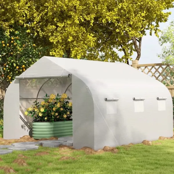 Drivhus^Outsunny Plastdrivhus 3,5x3x3m UV-beskyttelse Tomathus, Mesh-vindue, Vindtæt, til Have & Altan, Metal, Hvid