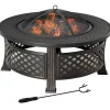 Outsunny rund bålsted med grill, gnistfang, bålkurv, ildtang og betræk, stål/sort, 81x81x50cm Pejse
