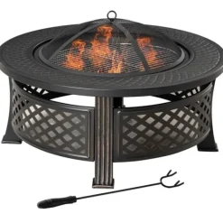 Outsunny rund bålsted med grill, gnistfang, bålkurv, ildtang og betræk, stål/sort, 81x81x50cm Pejse