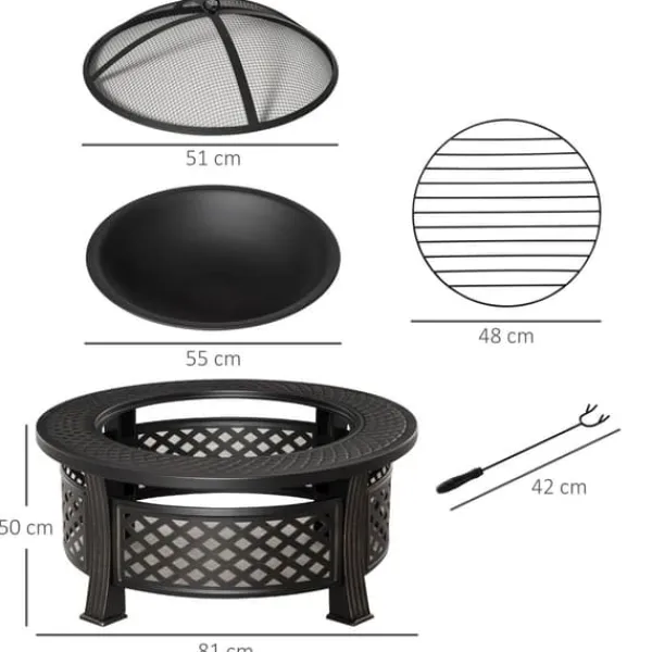 Outsunny rund bålsted med grill, gnistfang, bålkurv, ildtang og betræk, stål/sort, 81x81x50cm Pejse