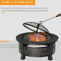 Outsunny rund bålsted med grill, gnistfang, bålkurv, ildtang og betræk, stål/sort, 81x81x50cm Pejse