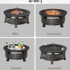Outsunny rund bålsted med grill, gnistfang, bålkurv, ildtang og betræk, stål/sort, 81x81x50cm Pejse