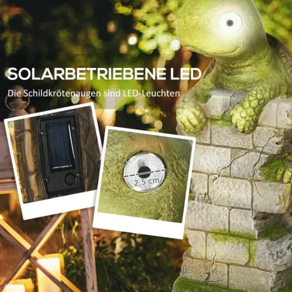 Outlet Outsunny Skildpadde Havefigur med Solcellelampe - Magnesiumoxid, Grøn/Brun, 36,5 cm Havedekorationer