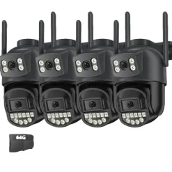 Sikkerhedsmonitorer & Videokameraer^Overvågningskamera, Dobbelt Linse, Nattesyn,4PCs CAM 64G kort, EU stik