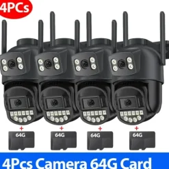 Sikkerhedsmonitorer & Videokameraer^Overvågningskamera, Dobbelt Linse, Nattesyn,4PCs CAM 64G kort, EU stik