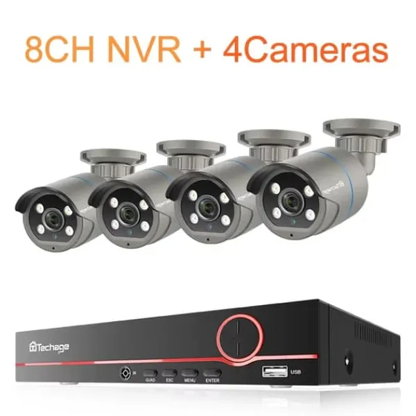 Sikkerhedsmonitorer & Videokameraer^Overvågningskamera System, 8CH Support, H.265 Kompression,4T indbygget HDD, 8CH NVR og 4 kamera