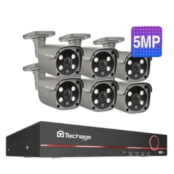 Sikkerhedsmonitorer & Videokameraer^Overvågningssystem, 8-kanals understøttelse, tovejskommunikation,8CH 6Stk 5MP Kamera, 1T Indbygget HDD