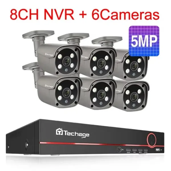 Sikkerhedsmonitorer & Videokameraer^Overvågningssystem, 8-kanals understøttelse, tovejskommunikation,8CH 6Stk 5MP Kamera, 1T Indbygget HDD