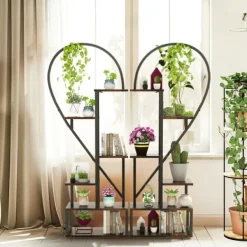 Plantestativer^2-pak halvt hjerteformet planteholder i metal, 6-etagers havehylde med kroge, sort, str. S