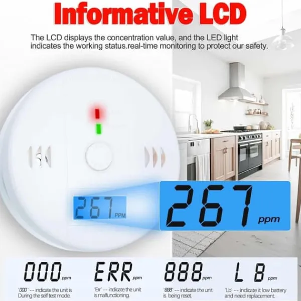 Røg- & Kulmonoxiddetektorer^1-pak kuliltealarm med LCD-display, UL2034-standard, egnet til hjemmebrug