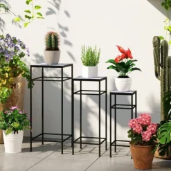 Plantestativer^3-pak plantestativer op til 71 cm, metal i tre størrelser – blå/hvid