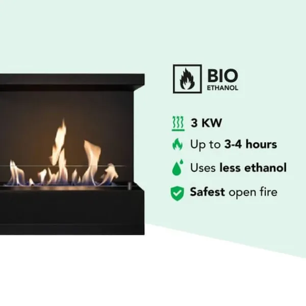 Pejse^Panorama indbygningsenhed L bioethanol indbygningsovn - Sikker åben ild - 3 KW varme