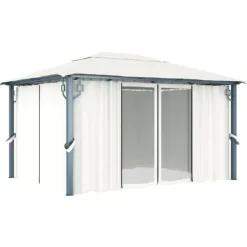 Telte & Lysthuse^Paviljong med gardin och ljusslinga LED - Eleganta utomhuslösningen | Färg: Gräddvit | Storlek: 4x3 m