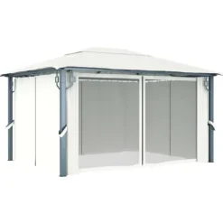 Telte & Lysthuse^Paviljong med gardin och ljusslinga LED - Eleganta utomhuslösningen | Färg: Gräddvit | Storlek: 4x3 m