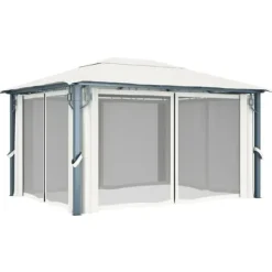 Telte & Lysthuse^Paviljong med gardin och ljusslinga LED - Eleganta utomhuslösningen | Färg: Gräddvit | Storlek: 4x3 m