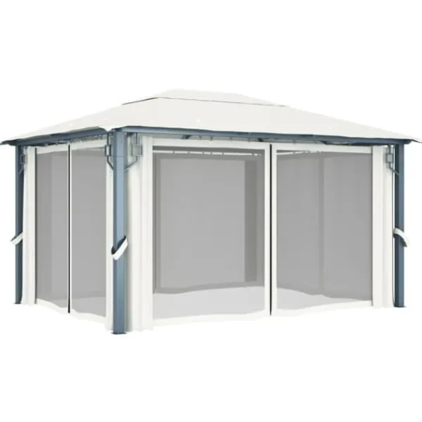 Telte & Lysthuse^Paviljong med gardin och ljusslinga LED - Eleganta utomhuslösningen | Färg: Gräddvit | Storlek: 4x3 m
