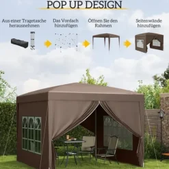 Telte & Lysthuse^Pavillon ca. 3x3 m pop-up, vandafvisende, vintertålelig, UV-beskyttelse 50+, 4 sidevægge & taske, kaffebrun