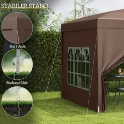 Telte & Lysthuse^Pavillon ca. 3x3 m pop-up, vandafvisende, vintertålelig, UV-beskyttelse 50+, 4 sidevægge & taske, kaffebrun