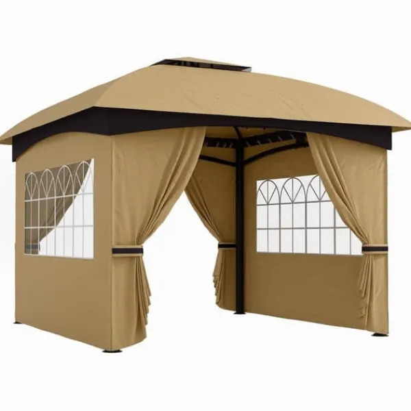 Telte & Lysthuse^Pavillon ca. 3,4x3,4 m, vandafvisende, 4 sidevægge & dobbelt tag, galvaniseret stel, beige