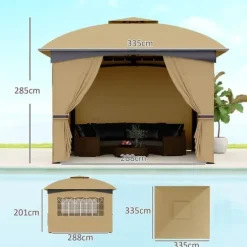 Telte & Lysthuse^Pavillon ca. 3,4x3,4 m, vandafvisende, 4 sidevægge & dobbelt tag, galvaniseret stel, beige