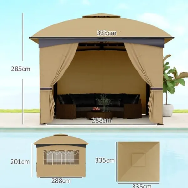 Telte & Lysthuse^Pavillon ca. 3,4x3,4 m, vandafvisende, 4 sidevægge & dobbelt tag, galvaniseret stel, beige