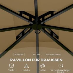Telte & Lysthuse^Pavillon ca. 3,4x3,4 m, vandafvisende, 4 sidevægge & dobbelt tag, galvaniseret stel, beige