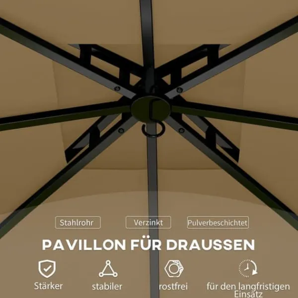Telte & Lysthuse^Pavillon ca. 3,4x3,4 m, vandafvisende, 4 sidevægge & dobbelt tag, galvaniseret stel, beige