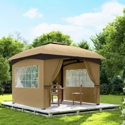 Telte & Lysthuse^Pavillon ca. 3,4x3,4 m, vandafvisende, 4 sidevægge & dobbelt tag, galvaniseret stel, beige