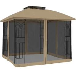 New Pavillon med dobbelt tag og meshvægge - Stål | Størrelse: 2,94x2,94 m | Farve: Gråbrun Telte & Lysthuse