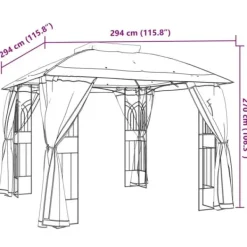 New Pavillon med dobbelt tag og meshvægge - Stål | Størrelse: 2,94x2,94 m | Farve: Gråbrun Telte & Lysthuse