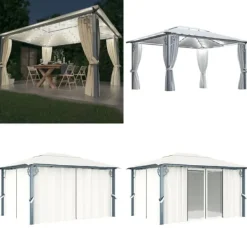Telte & Lysthuse^Pavillon med gardin + LED-lyskæder 400x300 cm aluminium creme - Pavillon - Pavilloner - Home & Living