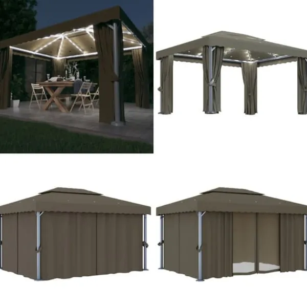 Telte & Lysthuse^Pavillon med gardin og LED-lyskæder 4x3 m gråbrun - Pavillon - Pavilloner - Home & Living