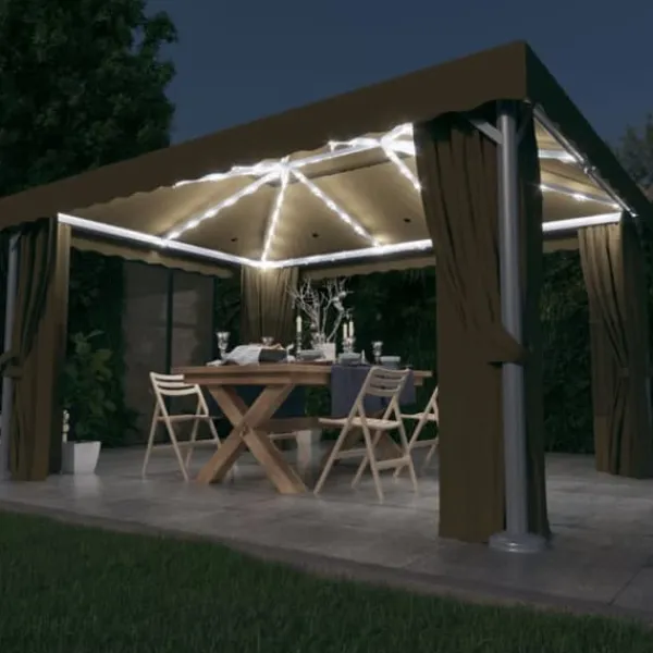 Telte & Lysthuse^Pavillon med gardin og LED-lyskæder 4x3 m gråbrun - Pavillon - Pavilloner - Home & Living