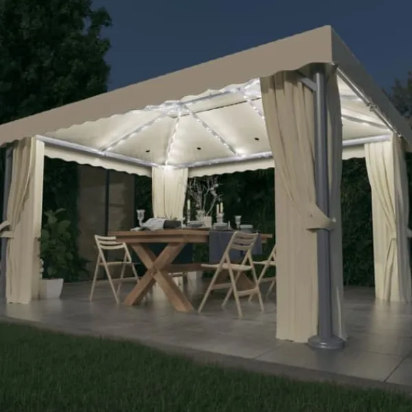 Sale Pavillon med gardin og LED-lyskæder 4x3 m | Farve: Creme Telte & Lysthuse