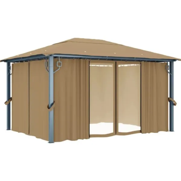 Telte & Lysthuse^Pavillon med gardin 400x300 cm - Solid aluminium | Farve: Gråbrun