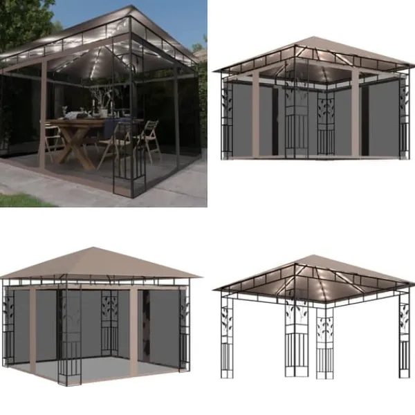 Telte & Lysthuse^Pavillon med myggenet og LED-lyskæder 3x3x2,73 m gråbrun - Pavillon - Pavilloner - Home & Living