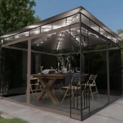 Telte & Lysthuse^Pavillon med myggenet og LED-lyskæder 3x3x2,73 m gråbrun - Pavillon - Pavilloner - Home & Living