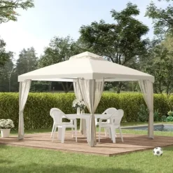 Online Pavillon 3x3 m med 4 sidevægge, metal/polyester, cremehvid – vejrbestandig Telte & Lysthuse