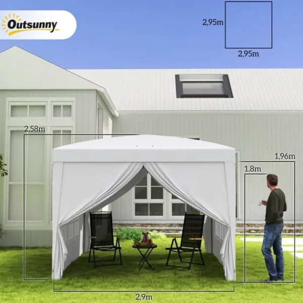 Telte & Lysthuse^Pavillon 3x3 m med 4 sidevægge & vinduer, UV-beskyttelse, stål/oxford, taske, hvid
