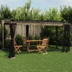 New Pavillon 4x3 m med mesh-vægge - Stål | Farve: Gråbrun Buer, Spalier, Lysthuse Uden Tag