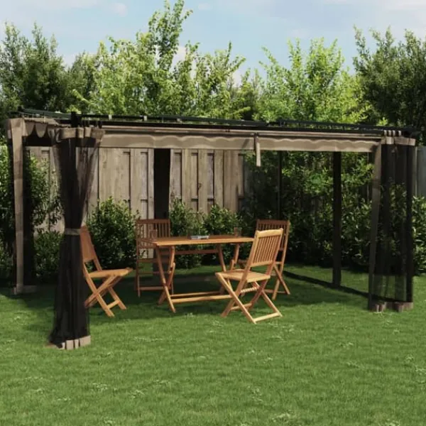 New Pavillon 4x3 m med mesh-vægge - Stål | Farve: Gråbrun Buer, Spalier, Lysthuse Uden Tag