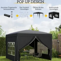 Telte & Lysthuse^Pavillon 3x3 m, vandafvisende og vinterbestandig pop-up UV-beskyttelse 50+, 4 sidevægge og taske, sort
