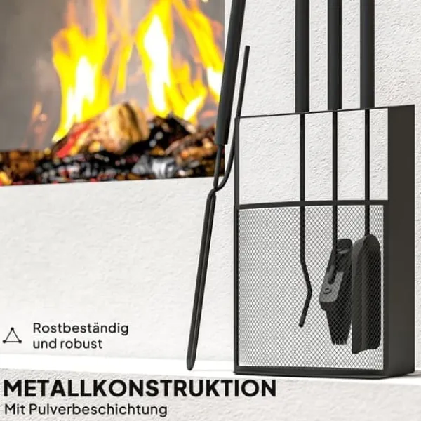 Discount Pejsesæt 5-delt: børste, skovl, ildgaffel, tang og stativ, metal, sort Tilbehør Til Brændeovne & Pejse