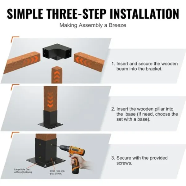 Outlet Pergola beslag sæt 101x101mm, 4 stk. 3-vejs robuste hjørnebeslag til gør-det-selv projekter, nem installation af træbjælker til udendør Buer, Spalier, Lysthuse Uden Tag