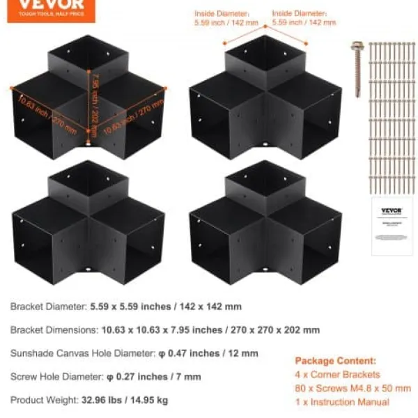 Outlet Pergola beslagssæt, 3-vejs hjørnebeslag, 14,2x14,2 cm, sort, stål Buer, Spalier, Lysthuse Uden Tag