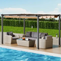 Buer, Spalier, Lysthuse Uden Tag^Pergola, Retraktabelt Baldakin, 296x395x230 cm, Beige, Aluminium