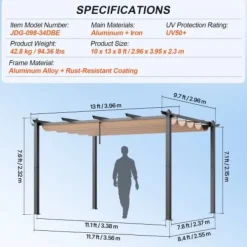 Buer, Spalier, Lysthuse Uden Tag^Pergola, Retraktabelt Baldakin, 296x395x230 cm, Beige, Aluminium