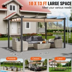 Buer, Spalier, Lysthuse Uden Tag^Pergola, Retraktabelt Baldakin, 296x395x230 cm, Beige, Aluminium
