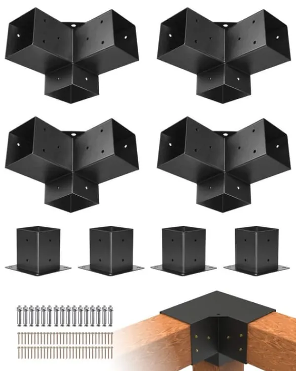 Buer, Spalier, Lysthuse Uden Tag^Pergolabeslagsæt - Kraftige 3-vejs hjørnebeslag - Indre mål 92 x 92 mm - Passer til 10,2 x 10,2 cm stolper - 4 stk - Til træbjælker
